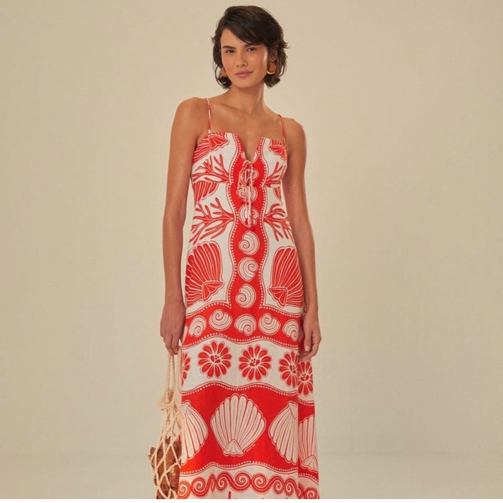Farm Rio, linen blend Red and White Patterned Maxi Dress Ainika M NWOT